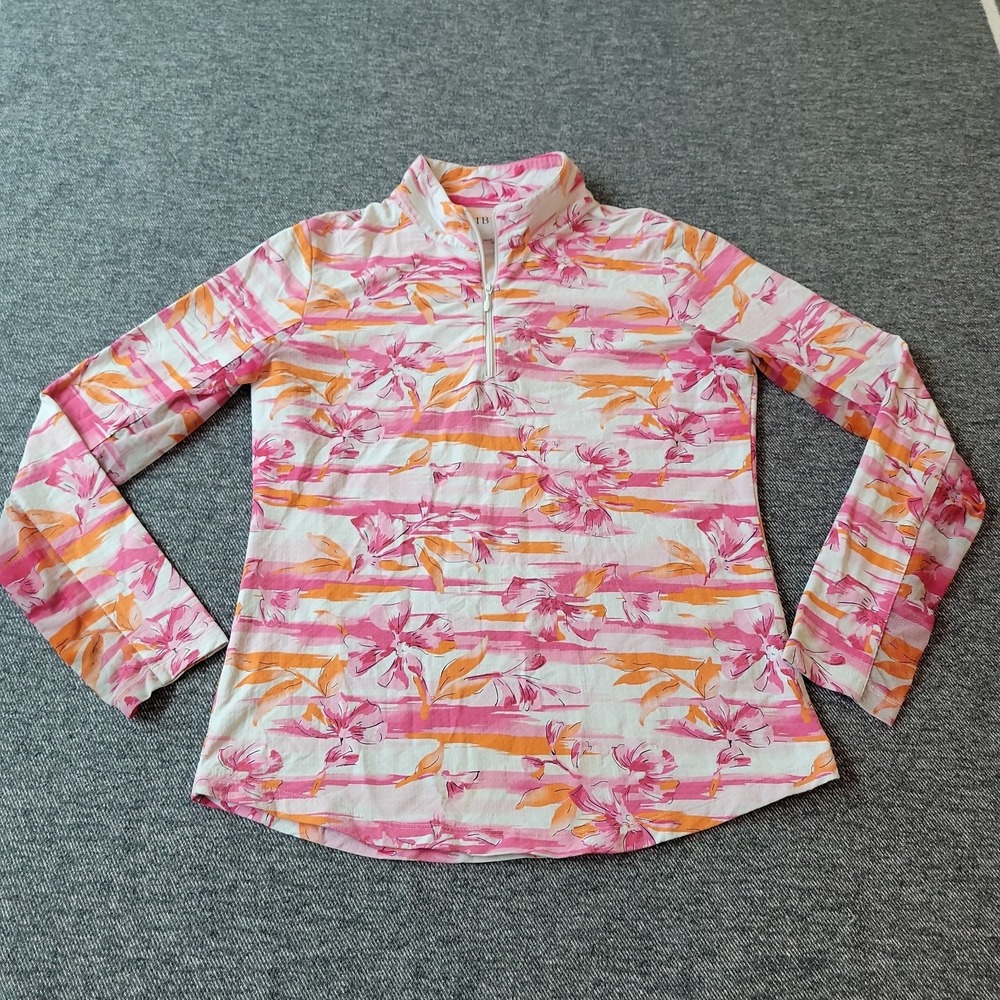 IBKUL 1/4 Zip Women's Small Pink Floral Mock Neck Tropical Pullover Mesh